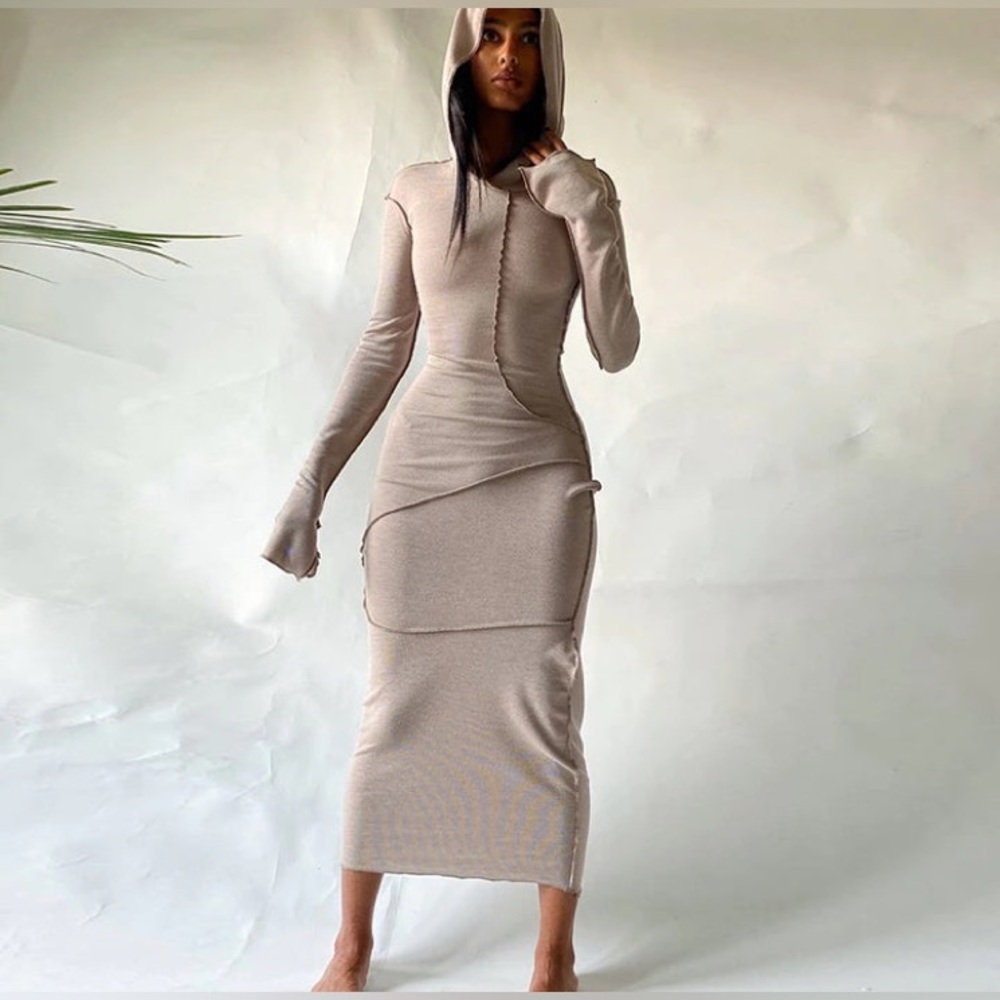 Unique Long Ankle Length Dress W/Long Sleeves Hoodie W/Stitch Design Long Dress